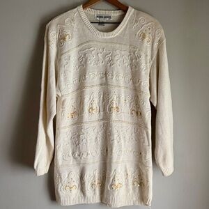 Vintage 90’s Victoria Harbour Cream Beaded Tunic Crewneck Pullover Sweater Large